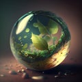 Earth concept. AI generative picture of glass sphere with green leaves, sky, soil, water inside on brown background