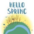 Earth Concept flat vector illustration, Hello Spring handwritting phrase on a white background