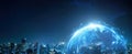 The Earth Connected by a Network of Light and Technology Above a City Skyline AI generated image Royalty Free Stock Photo