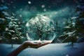 Earth crystal glass globe ball and tree in hand saving the environment in winter night landscape. snowy forest and fir branches. Royalty Free Stock Photo