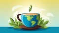 earth cup of tea with green leaves on the saucer and the world map on the background vector illustration ilustraÃÂ§ÃÂ£o Royalty Free Stock Photo