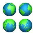 Earth 3d globe. World map with green continents and blue oceans. Vector isolated set Royalty Free Stock Photo