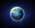 Earth 3D render. Blue Planet Earth view from outer space show North & South America, USA. World Global in Universe, Star field, Royalty Free Stock Photo