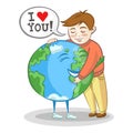 Boy hugs planet Earth and confesses his love to it vector illustration