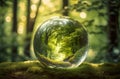 Earth Day April 22, beautiful reflections and magnified distorted leaves and trees in crystal glass ball in forest, AI