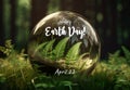 Earth Day April 22, beautiful reflections and magnified distorted leaves and trees in crystal glass ball in forest, AI