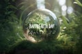 Earth Day April 22, beautiful reflections and magnified distorted leaves and trees in crystal glass ball in forest, AI