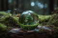 Earth Day April 22, beautiful reflections and magnified distorted leaves and trees in crystal glass ball in forest, AI