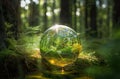 Earth Day April 22, beautiful reflections and magnified distorted leaves and trees in crystal glass ball in forest, AI