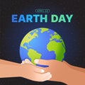 Earth day, april 22 text - Ault hands and child hands hold earth world on sapce star texture background vector design