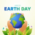 Earth day, april 22 text - Hand hold earth world with green leaves and butterfly around vector design