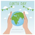 Earth Day Background concept. Flat Illustration design. hands holding a globe with buildings and trees.