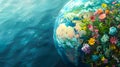 Earth Day background 3D Earth is embellished with floral and faunal motifs and copy space