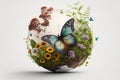 Earth day background with flowers and butterfly, World environment day concept. Generative Ai Royalty Free Stock Photo