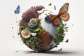 Earth day background with flowers and butterfly, World environment day concept. Generative Ai