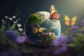 Earth day background with flowers and butterfly, World environment day concept. Generative Ai