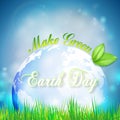 Earth Day background with the words, blue planet, green leaves and grass. Vector illustration Royalty Free Stock Photo