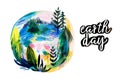 Earth day banner. Artistic painted nature landscape, globe shape, trees and water. Ecology concept illustration.