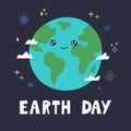 Earth Day banner, cute happy smiling planet with clouds and stars Royalty Free Stock Photo