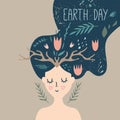 Earth Day banner, vector illustration with girl face, environment safety, nature concept. Poster, postcard or elements for design