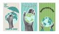 Earth day banners with collage hands sticker for social media. Save the planet retro vertical posters. Template for holiday design