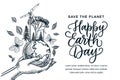 Earth Day calligraphy lettering, banner poster design template. Vector sketch illustration of hands holding Earth planet Royalty Free Stock Photo