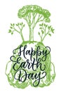 Earth Day calligraphy lettering, banner poster design template. Vector sketch illustration of hands holding Earth planet Royalty Free Stock Photo