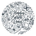 Earth Day calligraphy lettering banner poster design. Vector sketch illustration. Ecology symbols in circle shape Royalty Free Stock Photo