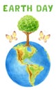 Earth Day concept for banner, poster or greeting card. World Environment Day. Saving planet. Hand drawn watercolor painting Royalty Free Stock Photo