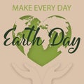 Earth day concept. Design with Green heart with planet earth and hands