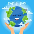 Earth day concept. Human hands holding floating globe in space. Save our planet. Royalty Free Stock Photo