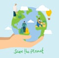 Earth day concept. Human hands holding floating globe in space. Save our planet. Flat vector isolated illustration. Royalty Free Stock Photo