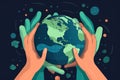 Earth day concept Human hands holding floating globe in space Save our planet Flat style vector isolated illustration. Generative Royalty Free Stock Photo