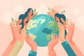 Earth day concept Human hands holding floating globe in space Save our planet Flat style vector isolated illustration. Generative Royalty Free Stock Photo