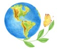 Earth Day concept with planet, butterfly and green branch for banner or greeting card. World Environment Day. Saving planet. Royalty Free Stock Photo