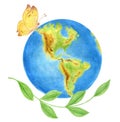 Earth Day concept with planet, butterfly and green branch for banner or greeting card. World Environment Day. Saving planet. Royalty Free Stock Photo