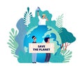 Earth day concept. Save planet, group with posters. Nature, international eco volunteering. Environment protection