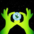 Earth day ecology concept background. Illustration with a small sprout in a round paper frame holds green hands. Royalty Free Stock Photo