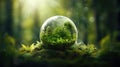 Earth Day, the environment, and a green globe nestled in a forest adorned with moss, defocused abstract sunlight to Royalty Free Stock Photo