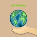 Earth day everyday concept in paper cut style. 3d paper art. Origami made a human hand and carving Earth map shapes on background Royalty Free Stock Photo