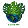 Earth day. Go green environmental design. Globe with green leavesvector illustration. Caring for nature. Monstera leaf