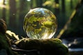 Earth Day. Green Globe in Forest with Moss, Defocused Abstract Sunlight - Environmental Concept Royalty Free Stock Photo