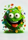 Earth Day. Green planet earth with eyes and mouth, Happy and smiling. Covered in plants and flowers. Ai generative Royalty Free Stock Photo