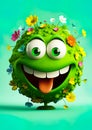 Earth Day. Green planet earth with eyes and mouth, Happy and smiling. Covered in plants and flowers. Ai generative Royalty Free Stock Photo