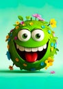 Earth Day. Green planet earth with eyes and mouth, Happy and smiling. Covered in plants and flowers. Ai generative Royalty Free Stock Photo