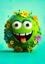 Earth Day. Green planet earth with eyes and mouth, Happy and smiling. Covered in plants and flowers. Ai generative Royalty Free Stock Photo