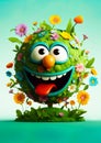 Earth Day. Green planet earth with eyes and mouth, Happy and smiling. Covered in plants and flowers. Ai generative Royalty Free Stock Photo