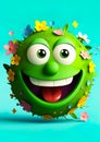 Earth Day. Green planet earth with eyes and mouth, Happy and smiling. Covered in plants and flowers. Ai generative Royalty Free Stock Photo