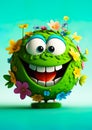Earth Day. Green planet earth with eyes and mouth, Happy and smiling. Covered in plants and flowers. Ai generative Royalty Free Stock Photo