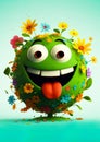 Earth Day. Green planet earth with eyes and mouth, Happy and smiling. Covered in plants and flowers. Ai generative Royalty Free Stock Photo